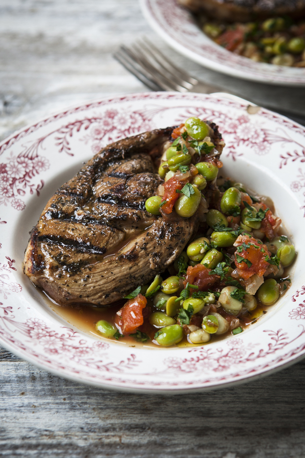 The Hairy Dieters Fast Food Lamb steaks with mint & broad beans