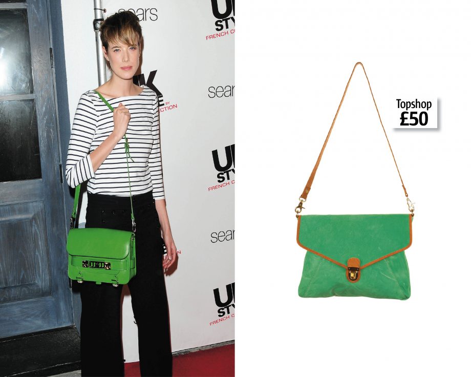Agyness Deyn carries a bright green handbags on the red carpet, get the look from high-street favourite Topshop
