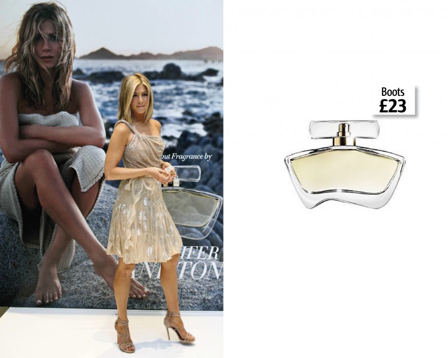 Jennifer Aniston's launches her debut fragrance in Mexico City wearing a gold dress and nude sandals