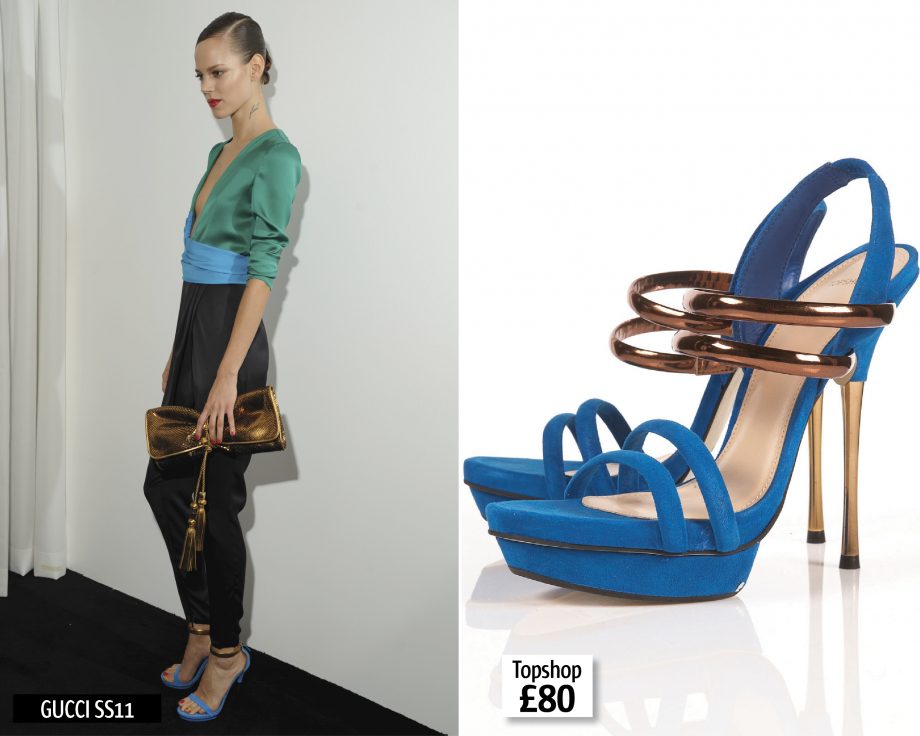 Gucci SS11 backstage shoes and Topshop blue and gold shoes