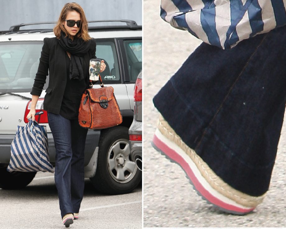 Jessica Alba out and about in LA wearing Prada shoes and carrying a Prada 'Madras' handbag