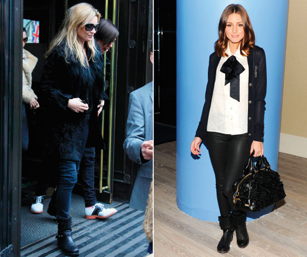 Kate Moss and Olivia Palmero in the same style both wearing biker boots