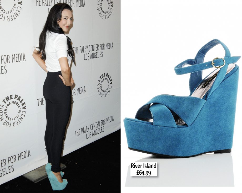 Naya Rivera wears blue wedges on the red carpet, left, get the look with these ones from River Island, right