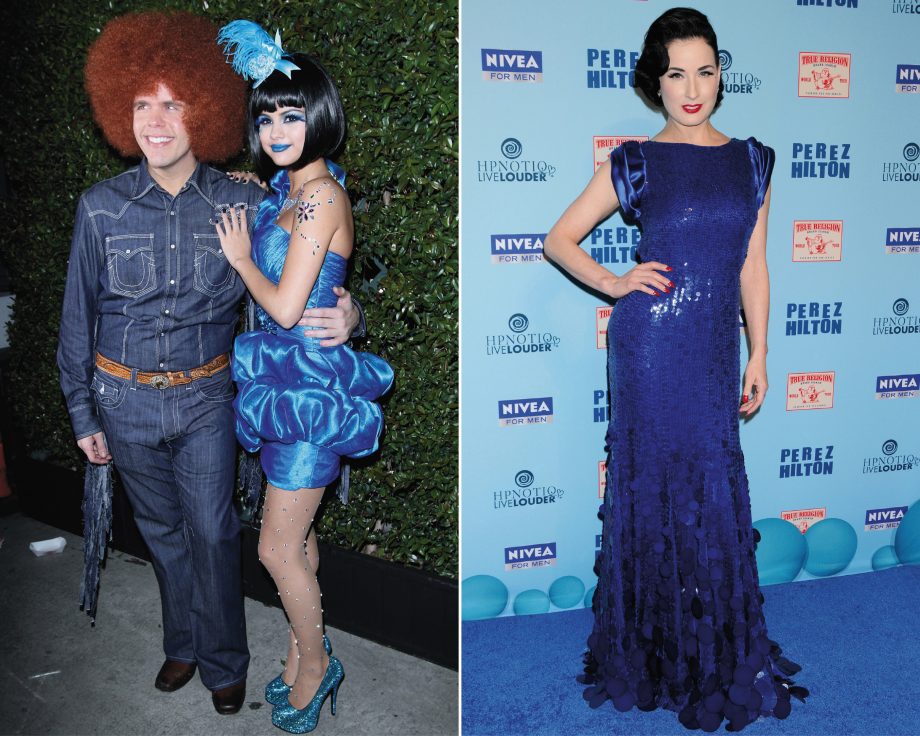 Perez Hilton, Selena Gomez and Dita Von Teese at Perez's Blue Ball party for his 33rd birthday in LA