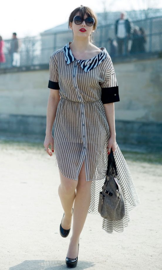 Daisy Lowe Channelled Parisian Glamour In A Striped Dress And Red Lipstick At Paris Fashion Week, March 2011