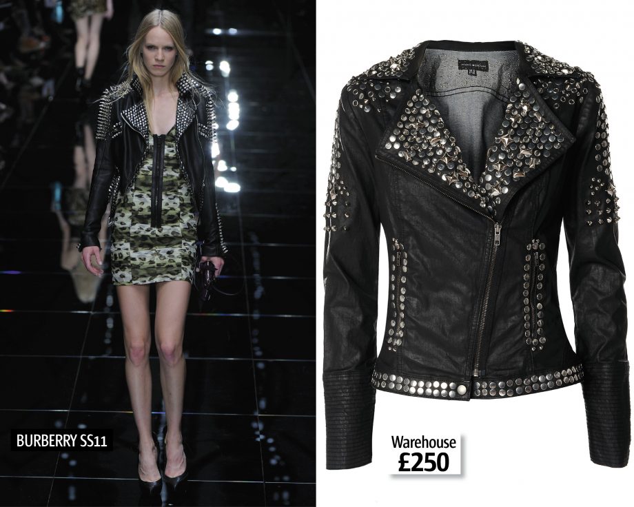 A model on the Burberry SS11 catwalk, left, a similar jacket from high street store Warehouse, right