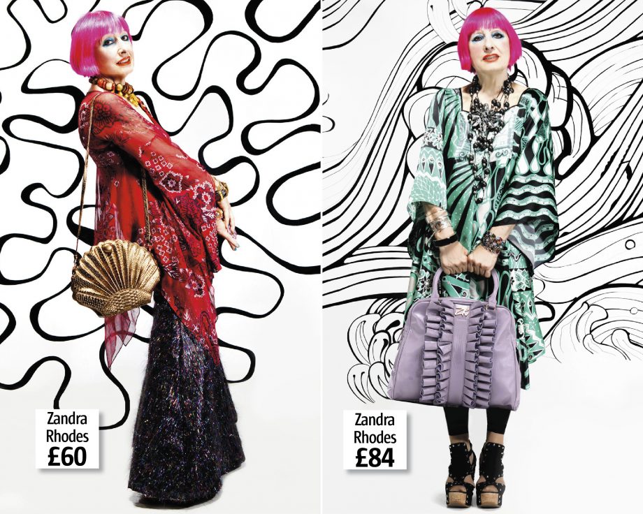 Zandra Rhodes modelling two bags from her SS/11 collection, available to buy online this month