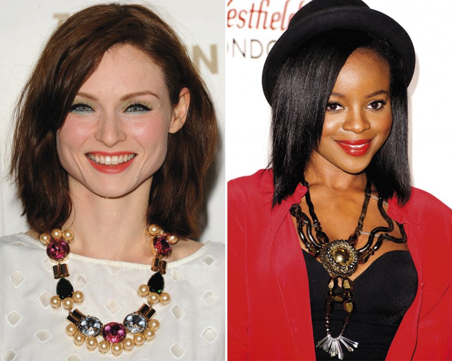Sophie Ellis Bextor and Keisha Buchanan wear statement necklaces at the launch of Naomi Campbell's Fashion For Relief pop up shop in Westfield shopping centre, London.