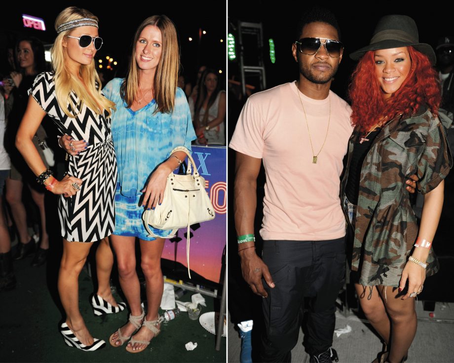 Paris Hilton with Nicky Hilton and Rihanna with usher at 2011 Coachella Music Festival in California