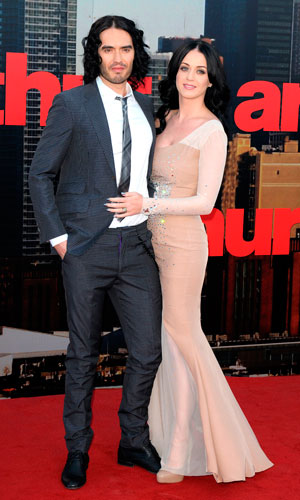 Katy Perry wears Philip Armstrong at the Arthur Premiere in London with Russell Brand