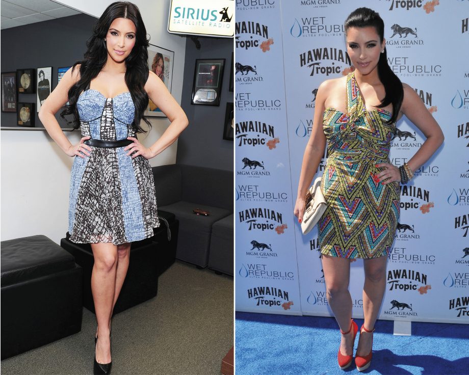 Kim Kardashian in a printed Bensoni dress and an aztec Mara Hoffman dress