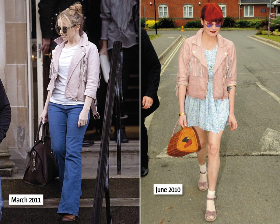 Kylie Minogue wears a Mulberry jacket while out and about in Glasgow, left, Florence Welch in the same jacket at the 2010 Isle Of Wight festival, right