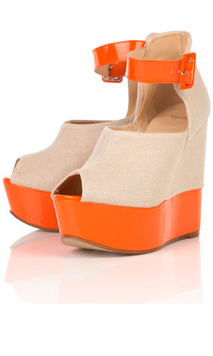 Shop Topshop's orange patent and natural linen peep-toe wedges, £70 online now