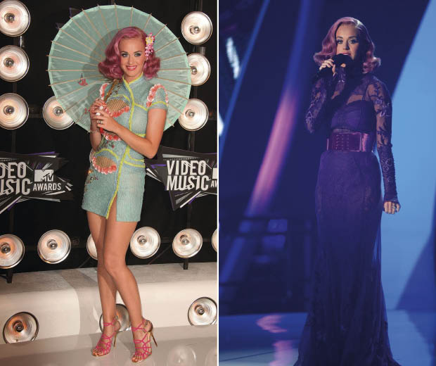 Katy Perry wearing an oriental Atelier Versace dress and a Tom Ford purple gown at the VMA's