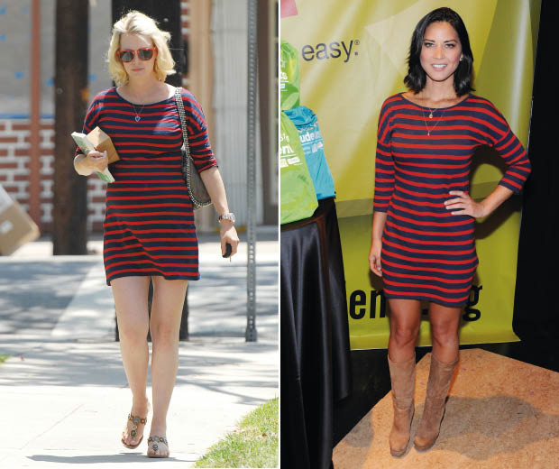 January Jones and Olivia Munn wearing the same striped dress from US store Express
