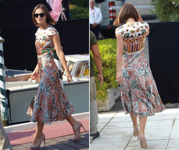 Kiera Knightly wearing a printed Mary Katrantzou dress at Venice Film Festival