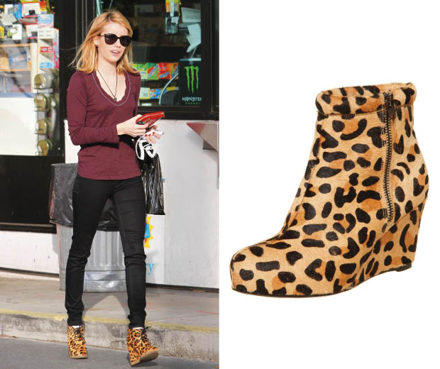 Emma Roberts wearing Rachel Bilson's Shoemint.com leopard-print boots, left; get the look at Office, right