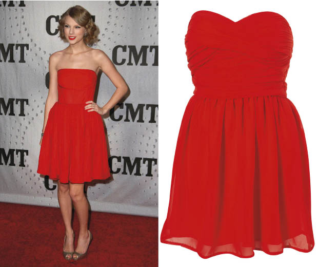 Taylor Swift in a Porcelain dress on the red carpet, left, and a similar one by Rare at Topshop, right