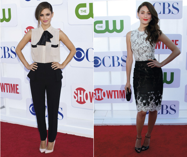 Rachel Bilson and Emmy Rossum in Zuhair Murad on the red carpet at the CBS Summer party