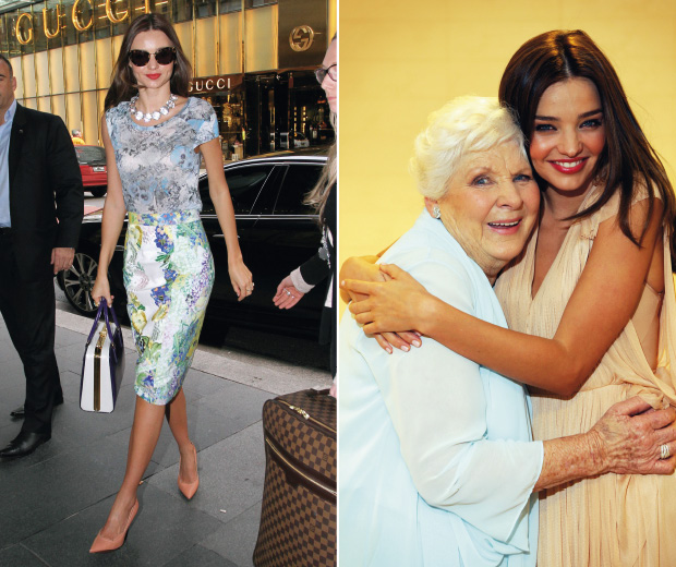 Miranda Kerr arriving at the David Jones SS13 show in Sydney, left, and with her grandmother at the show, right