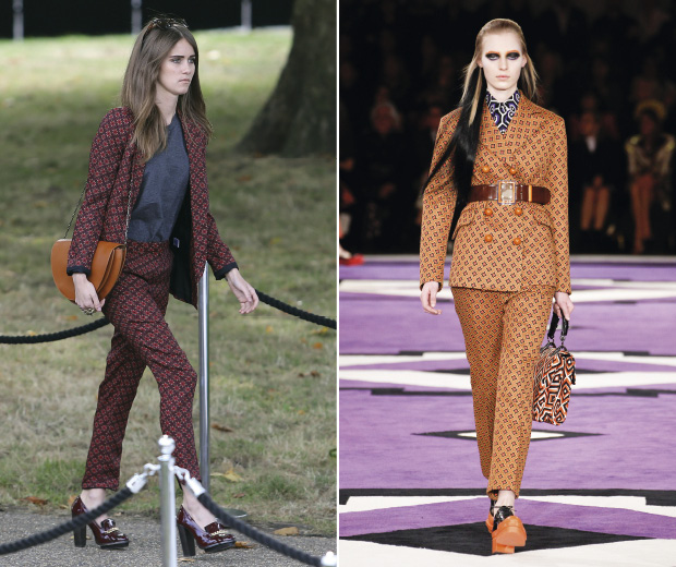 Sunday Girl in Warehouse at London Fashion Week, left, Prada AW12, right