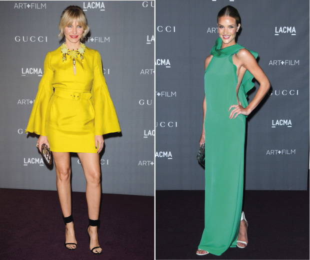 Cameron Diaz and Rosie Huntington-Whiteley wear jewel coloured Gucci dresses on the red carpet this weekend