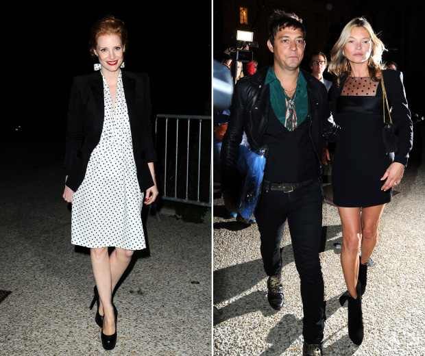 Kate Moss and Jessica Chastain work polka dots at Paris Fashion Week SS13