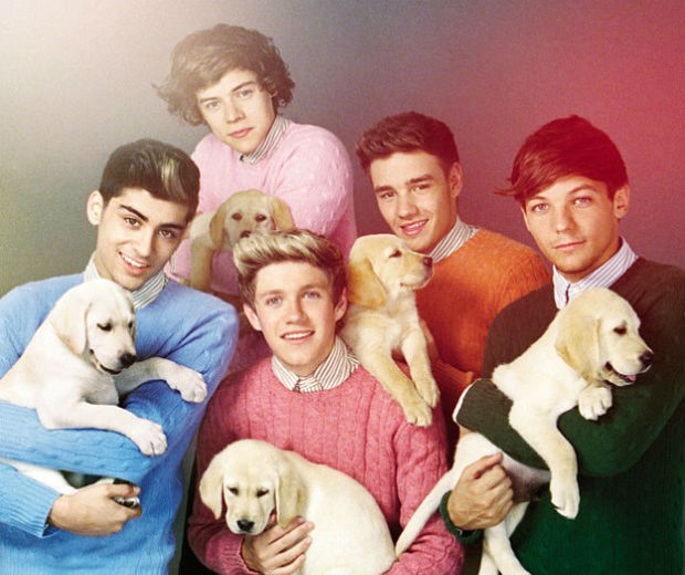 Zayn Malik, Harry Styles, Niall Horan, Louis Tomlinson and Liam Payne pose with puppies in Wonderland
