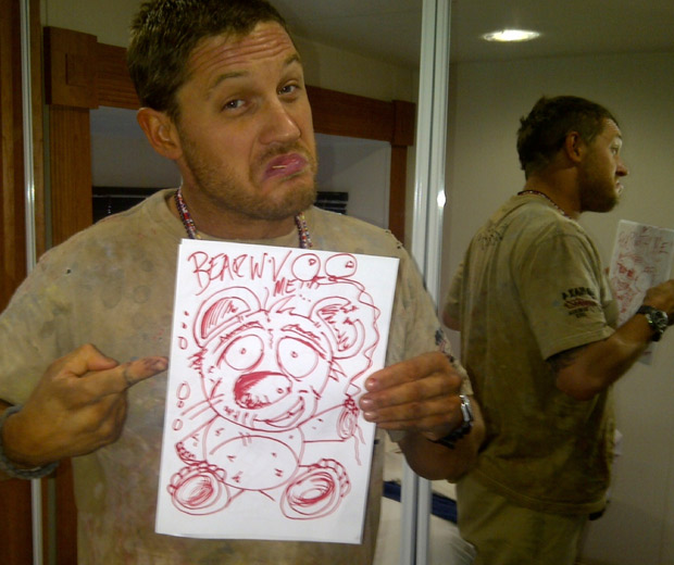 Tom Hardy shows off his artwork on set in Namibia!