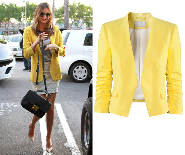 Miranda Kerr wearing a chic casual outfit with yellow blazer, 2012