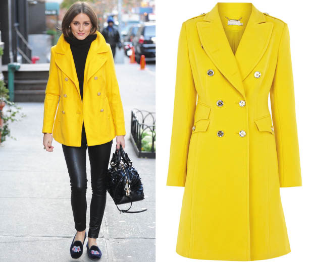 Olivia Palermo wearing a yellow coat and a similar one from Karen Millen