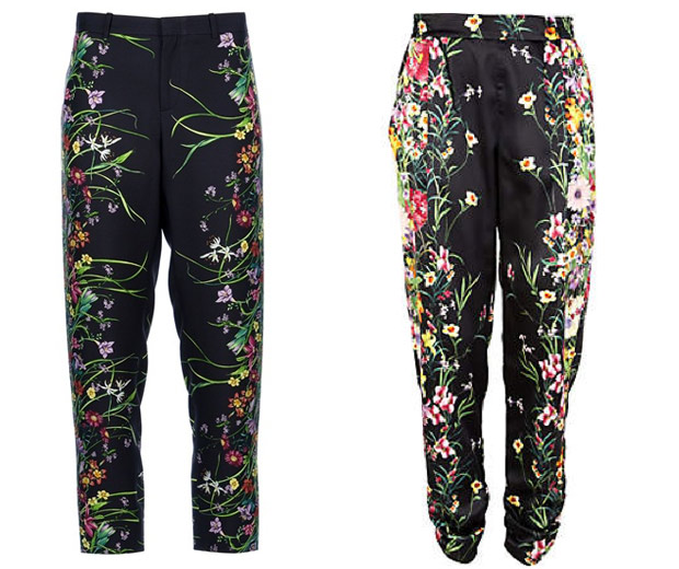 Gucci and River Island dark floral printed trosuers, 2013