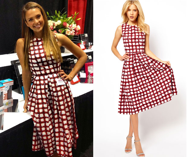 Get Jessica's look with this gorgeous red-and-white brick print Asos dress