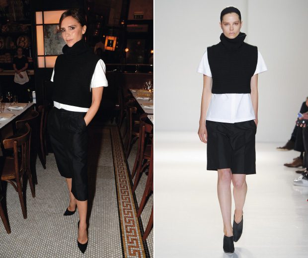 Victoria Beckham hit a London Fashion Week party in an outfit hot off her SS14 collection, which she showed at New York Fashion Week last week