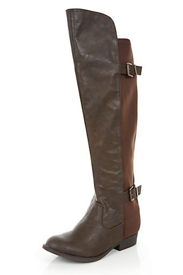 Wide Fit Brown Leather Look High Vamp High Leg Boots, £39.99