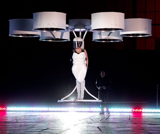 Lady Gaga gets ready for outer space, modelling a flying dress called 'Volantis' by the Haus of Gaga
