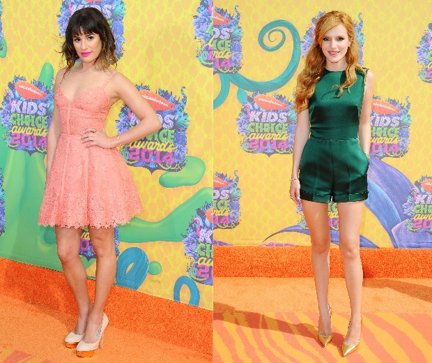 Lea Michele in Elie Saab and Bella Thorne in Valentino hit the red carpet at the 2014 Nickelodeon Kids' Choice Awards