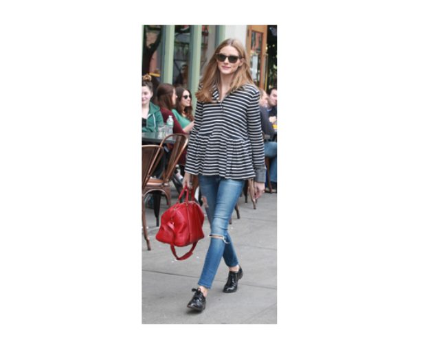 Olivia does peplum perfection in her Breton stripe jacket