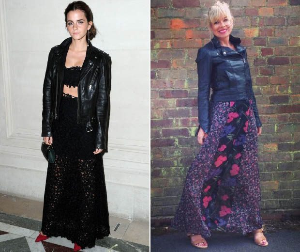 Emma Watson and street styler Frances Bacon toughen up their maxi looks with a classic leather jacket