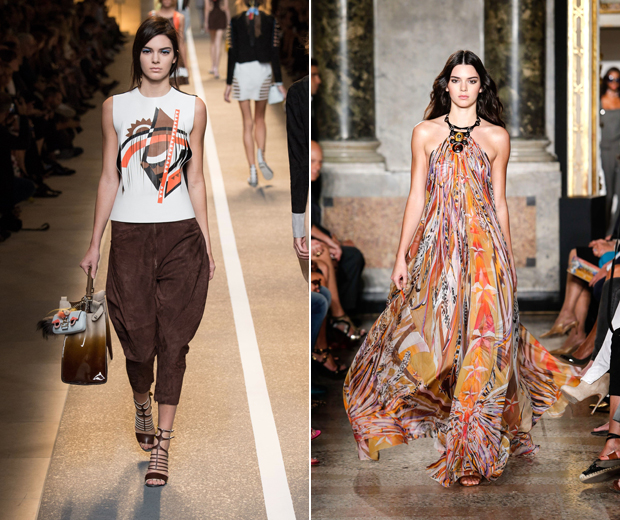 Kendall's debut was at Fendi, before she donned a swirling print maxi dress on the Pucci catwalk
