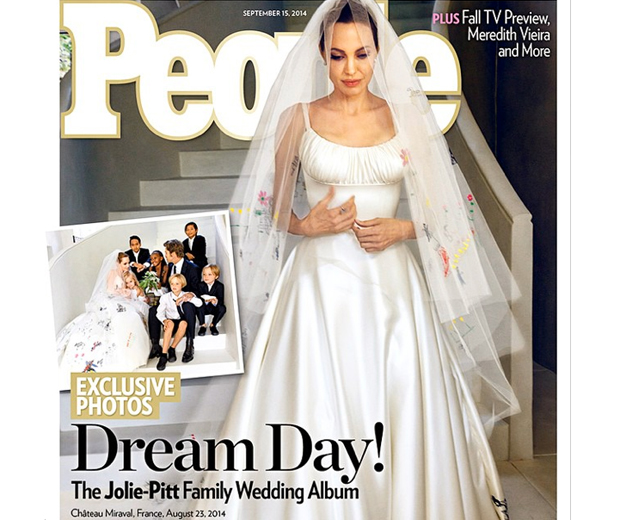 Angelina wore a Versace wedding dress on her big day, which she let her children decorate