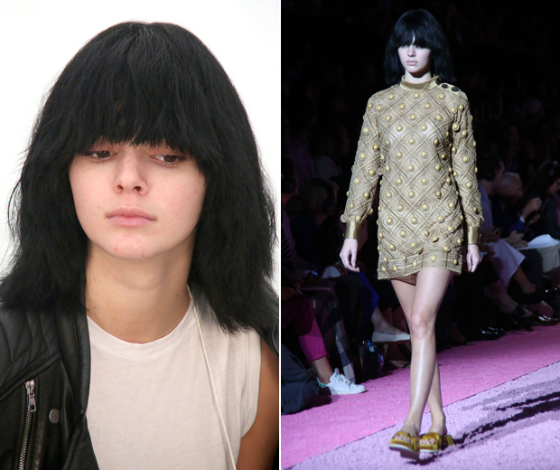 Kendall works a blunt black wig and bangs as she walks the Marc Jacobs SS15 runway at NYFW