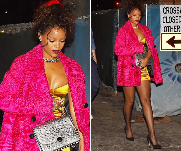 Rihanna works a yellow dress and a pink fur coat from Marc Jacobs Resort 2015 collection