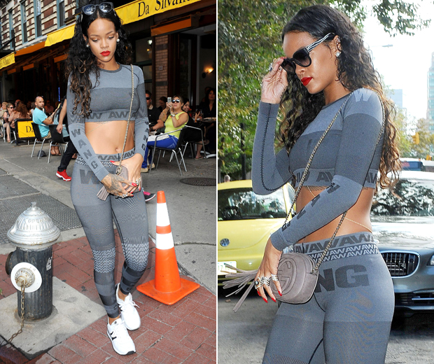 Rihanna gives us our first peek at the new Alexander Wang x H&M collection while out and about in New York