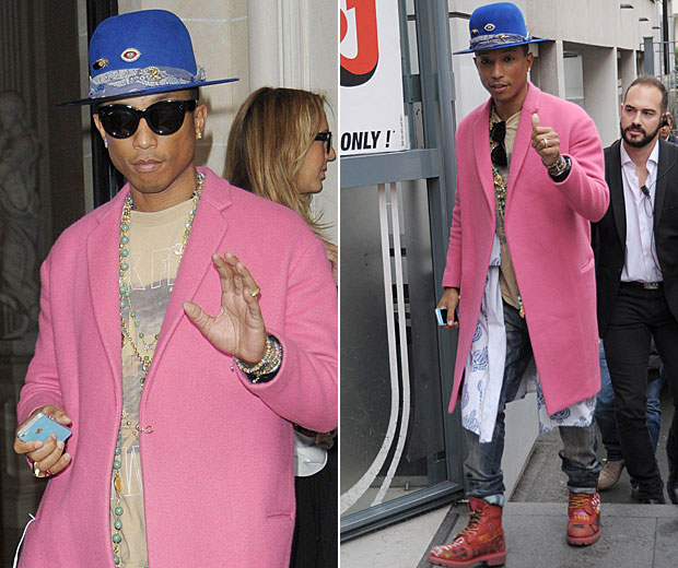 Pharrell pulls off a pink coat