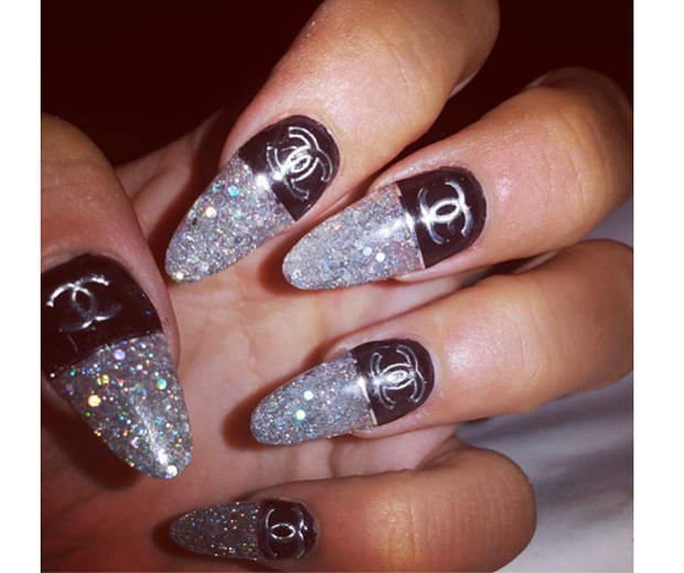 Lily works cool glittery Chanel nails to Karl Lagerfeld's No.5 party in New York