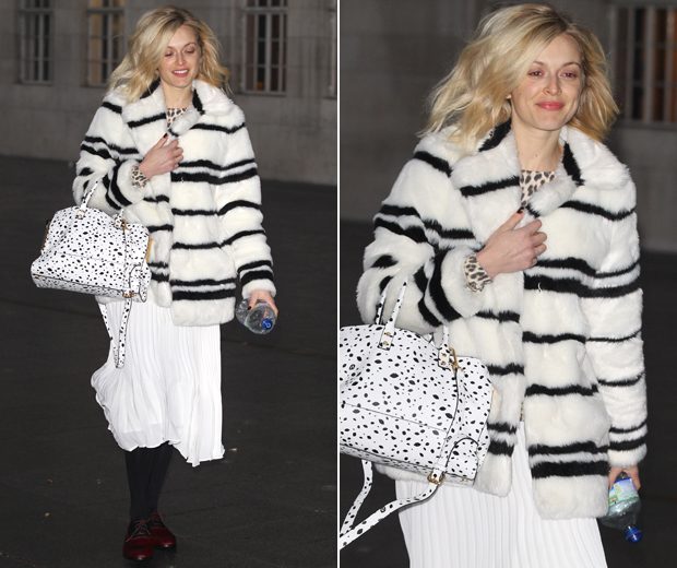 Fearne clashes her prints with a cute spotty dalmation tote from Lulu Guiness