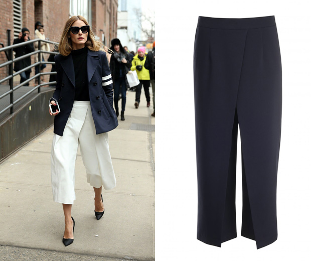 Lavish Alice's navy culottes are a dead-ringer for Olivia's Tibi pair