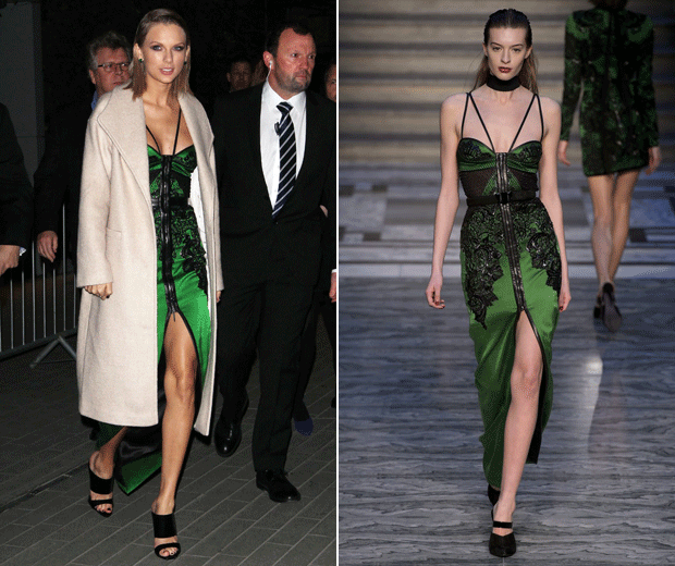 Taylor Swift rocks a hot-off-the-catwalk green Julien Macdonald dress from the designers AW15 London Fashion Week show