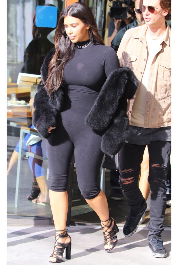 Kim Kardashian Works A Skintight Black Bodysuit With An Adorable 'Saint' Choker Necklace, 2016